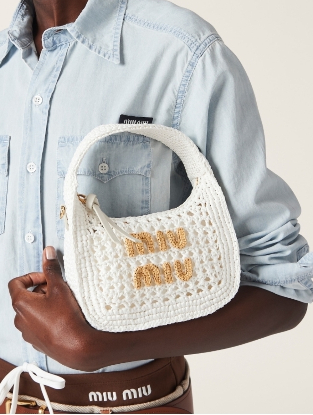New Miu Miu White Wander Woven Hobo Bag
